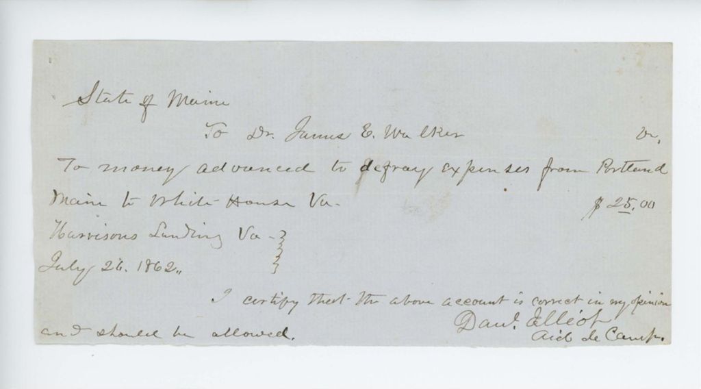 Miniature of Daniel Elliot forwards receipt for Dr. James Walker's expenses for travel from Maine to Virginia