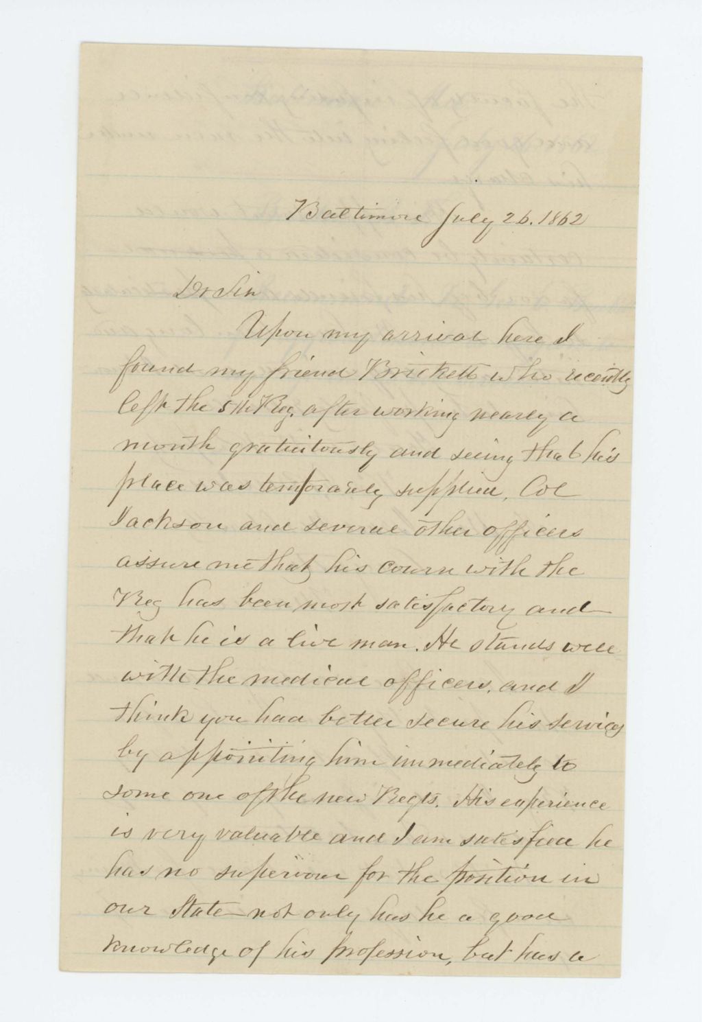 Miniature of Dr. Buxton recommends Dr. George E. Brickett for appointment as surgeon in a new regiment
