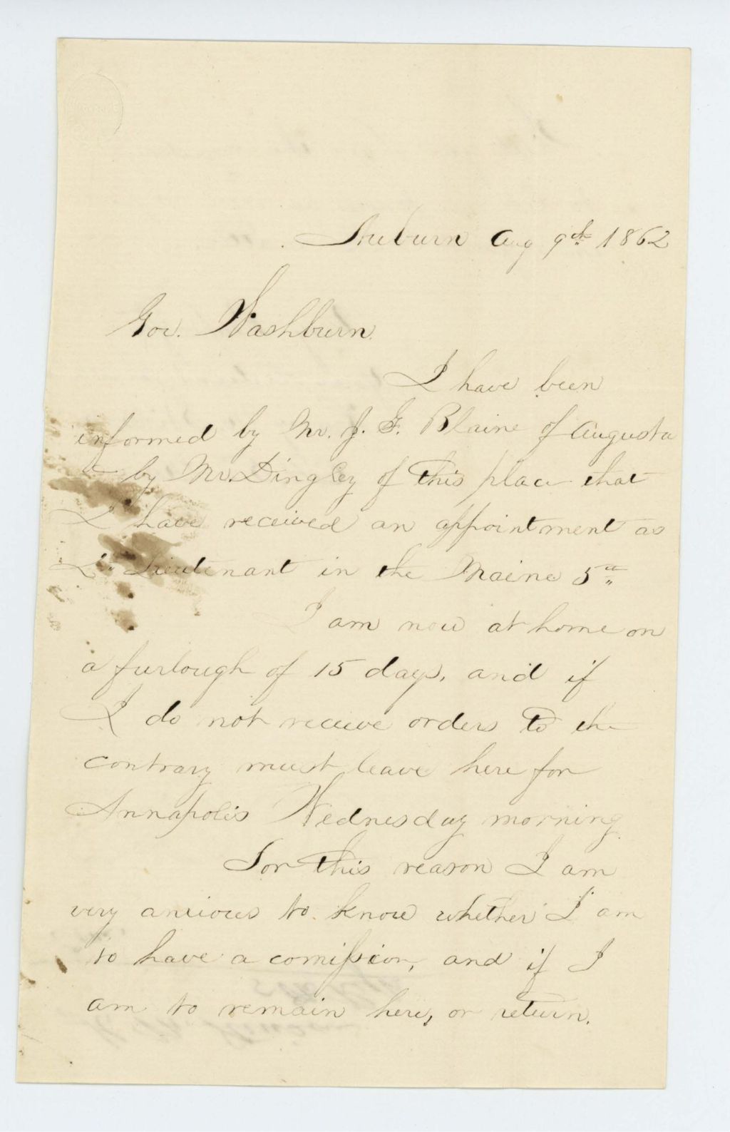 Miniature of Harry Stinson inquires about notification of his promotion to 2nd Lieutenant
