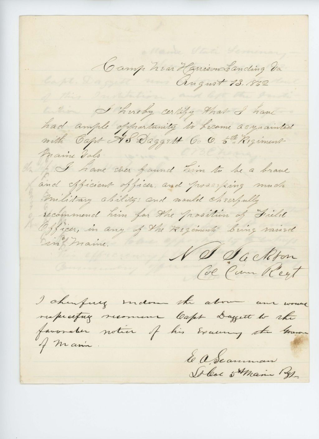 Miniature of Colonel Jackson recommends Captain A.S. Daggett for promotion