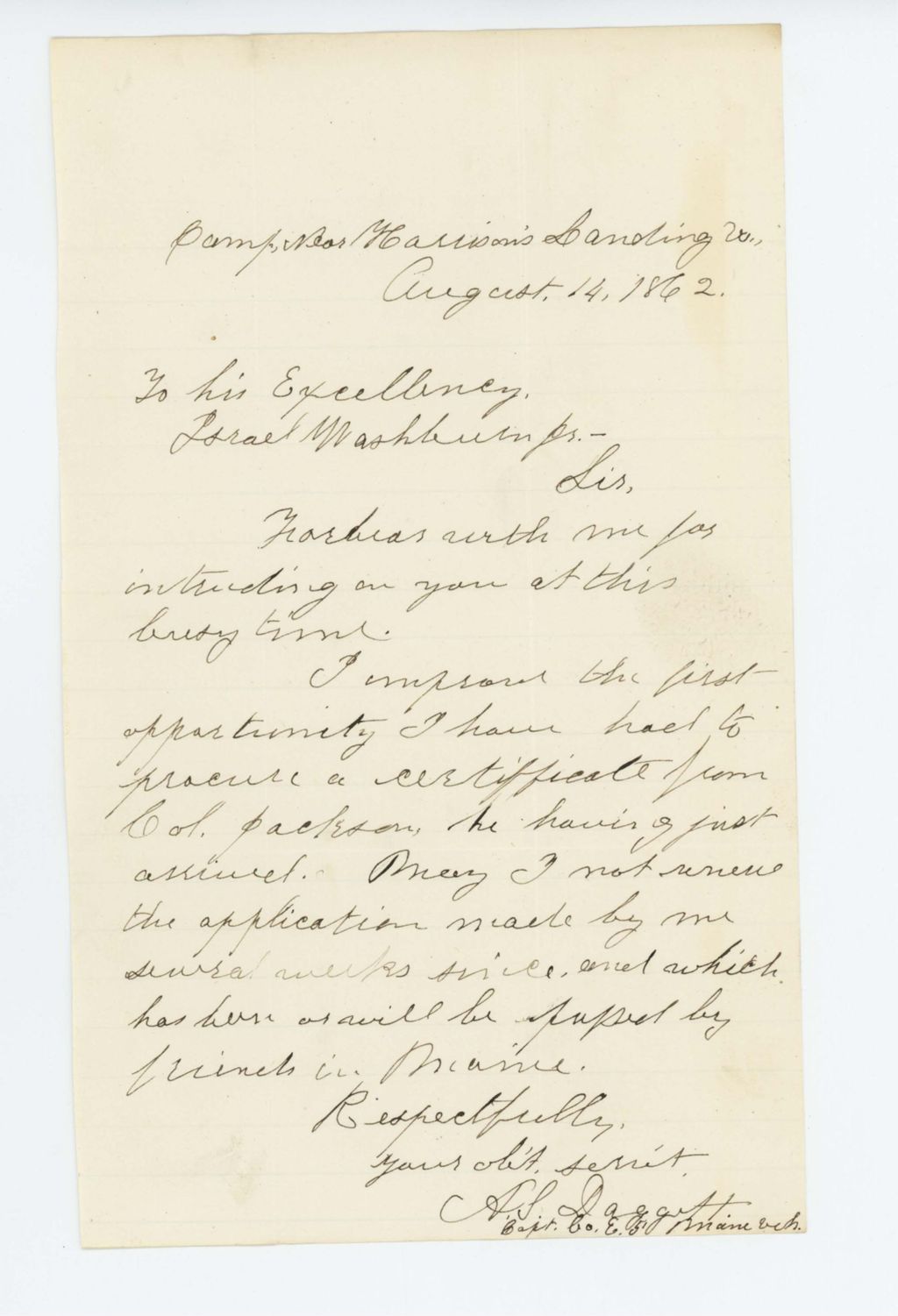 Miniature of Captain Daggett writes Governor Washburn about his certificate