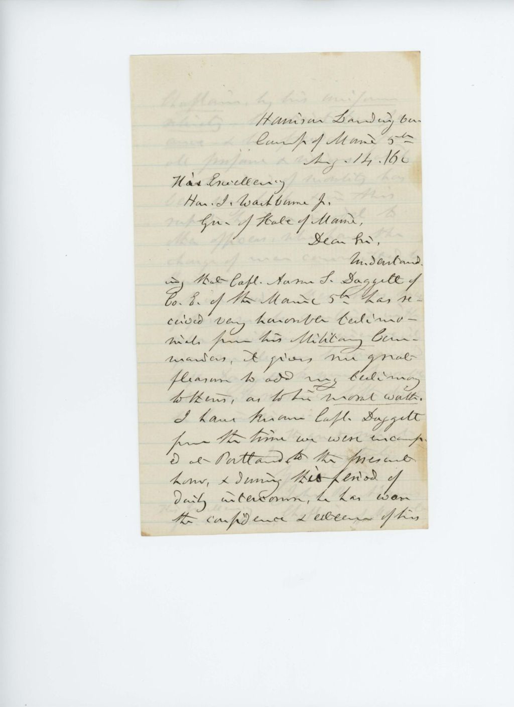 Miniature of Chaplain John R. Adams writes Governor Washburn recommends Captain Daggett for promotion
