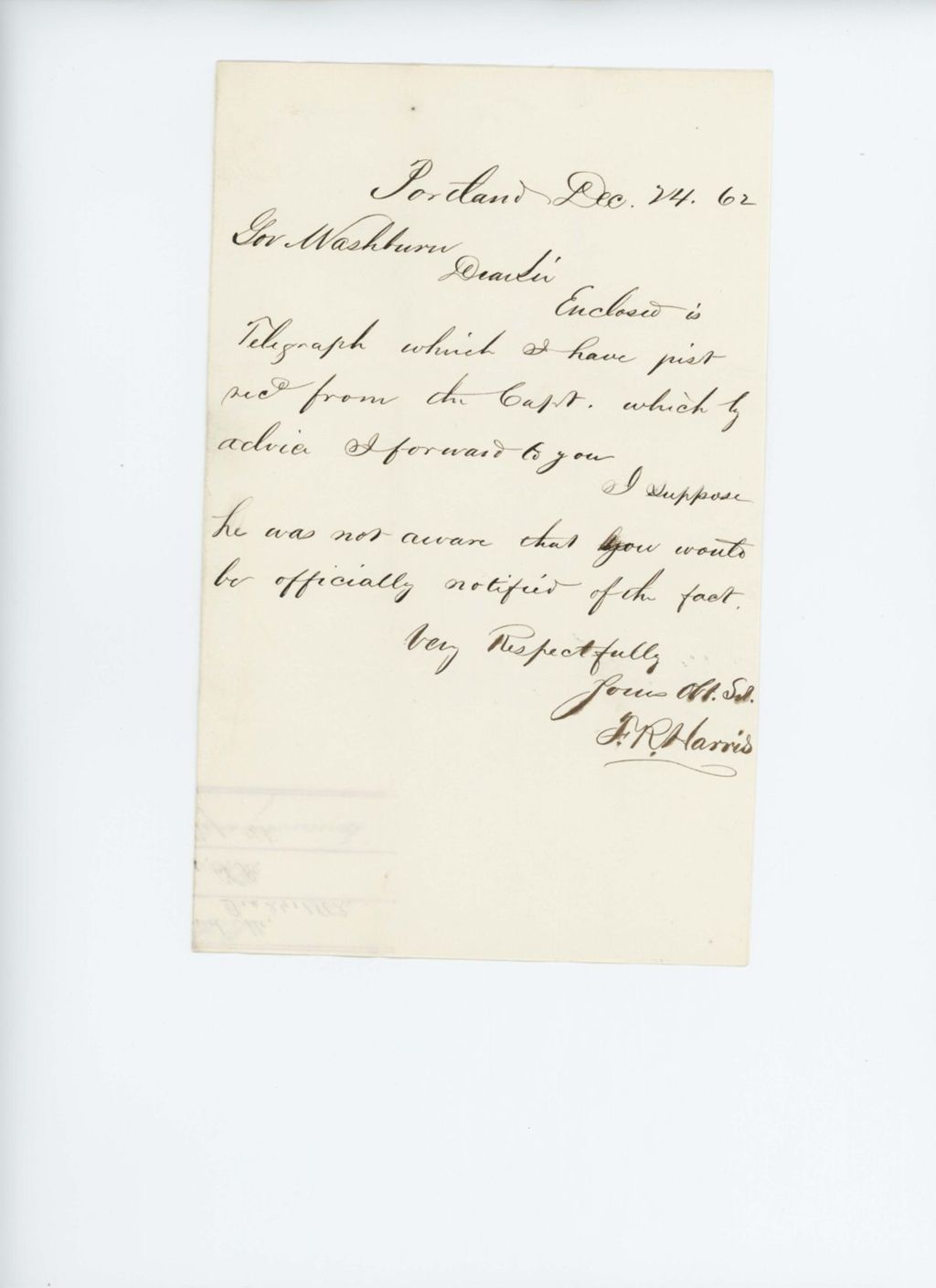 Miniature of F.R. Harris forwards a dispatch from A.P. Harris to Governor Washburn claiming success