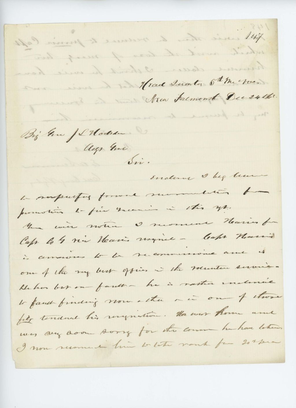 Miniature of Colonel Scamman writes General Hodsdon recommending Harris for promotion