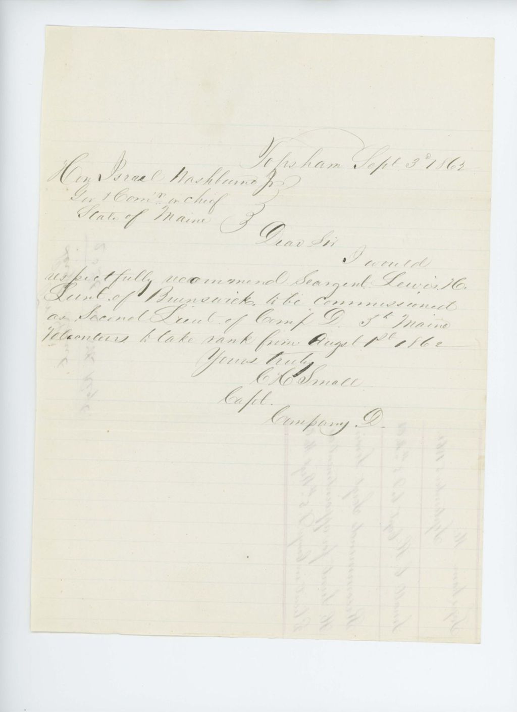 Miniature of Captain C. Small recommends Sergeant Lewis H. Lunt for commission