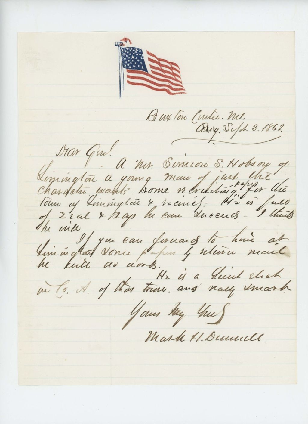 Miniature of Mark Dunnell recommends Simeon S. Hobson for recruiting position