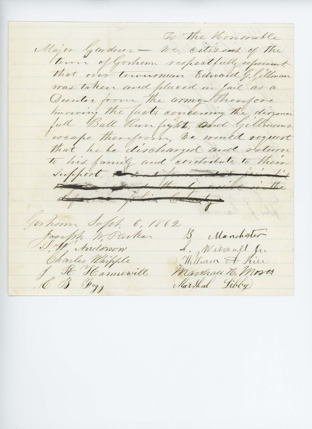 Miniature of Petition of Joseph W. Parker and citizens of Gorham requesting discharge of deserter Edward Gillman