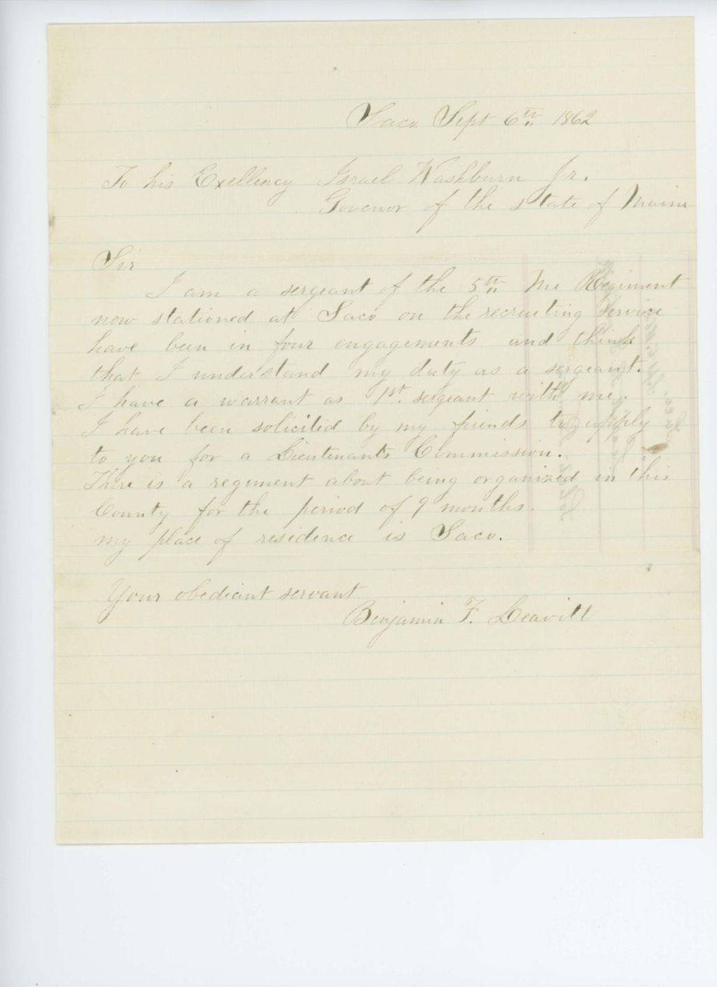 Miniature of Sergeant Benjamin Leavitt requests a promotion to Lieutenant