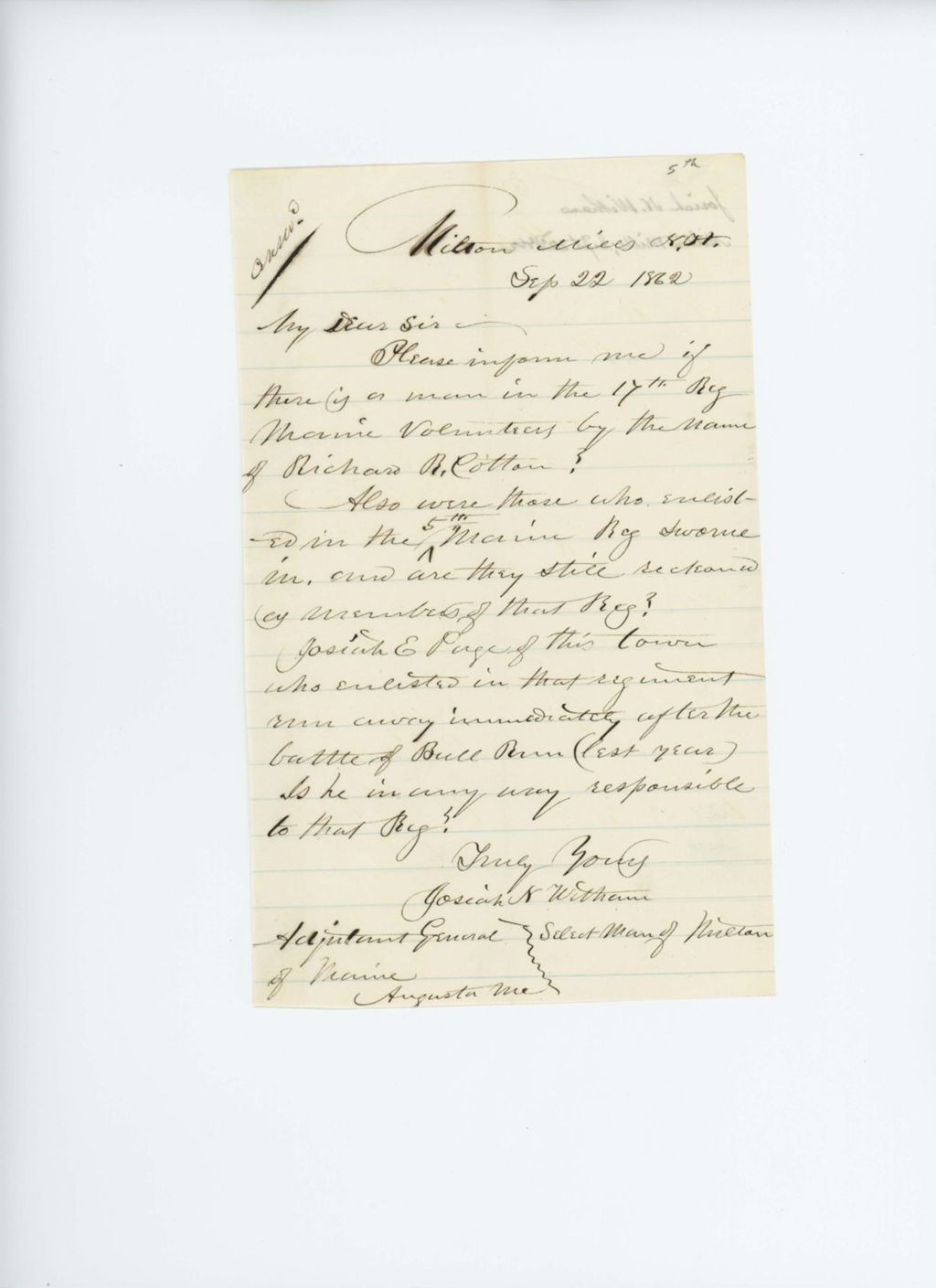 Miniature of Josiah Witham, selectman of Milton Mills, inquires about Richard Cotton and Josiah Page
