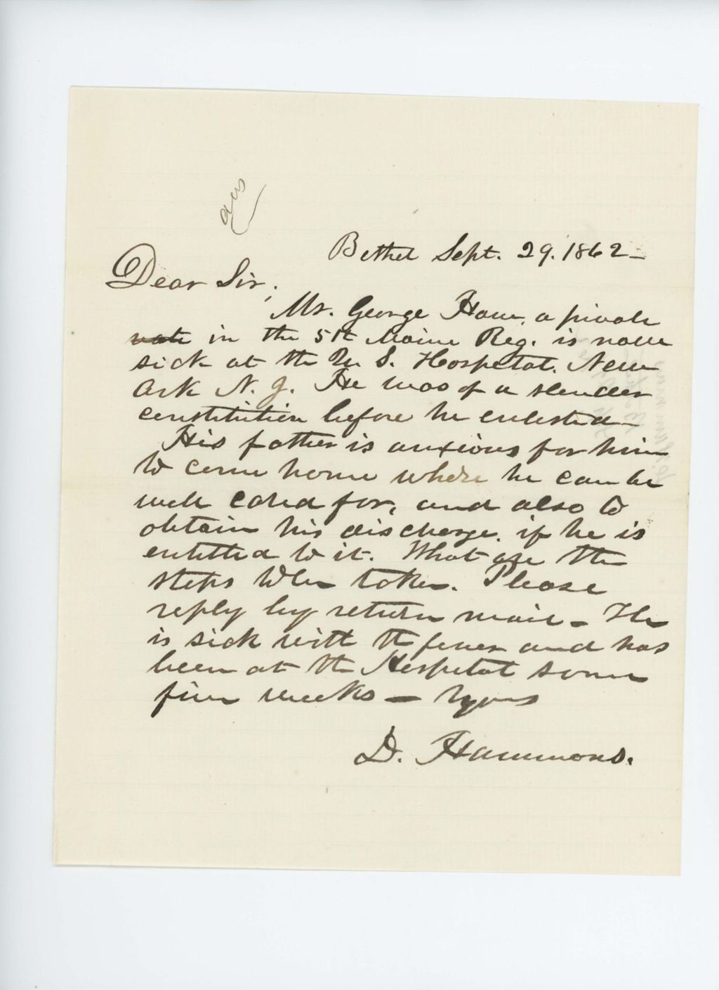 Miniature of D. Hammond of Bethel inquires about a discharge for George Howe