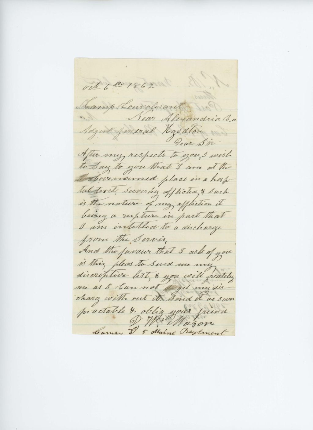 Miniature of D.W. Mason requests a discharge due to illness