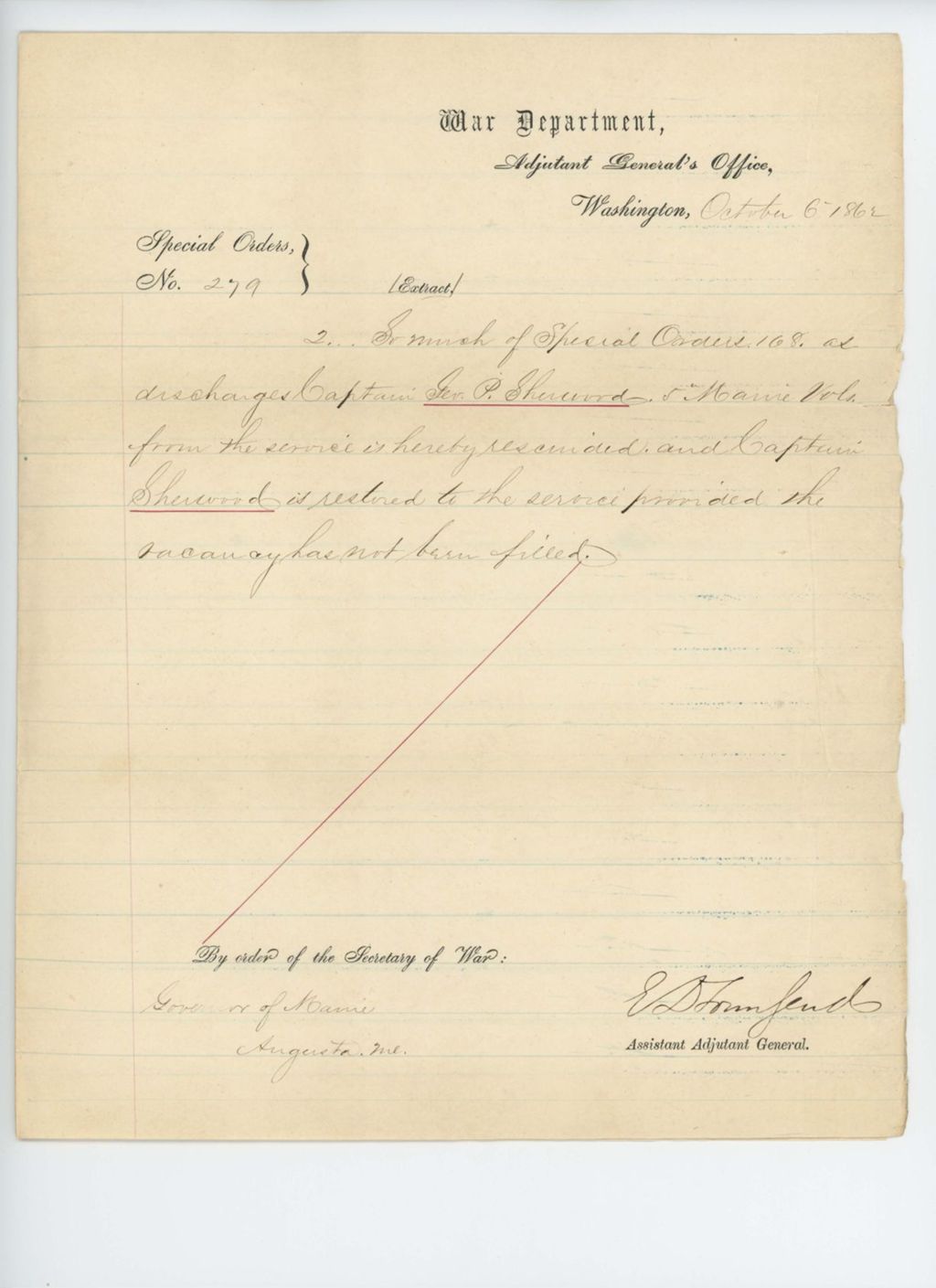 Miniature of Special Order 279 restoring Captain George P. Sherwood to service
