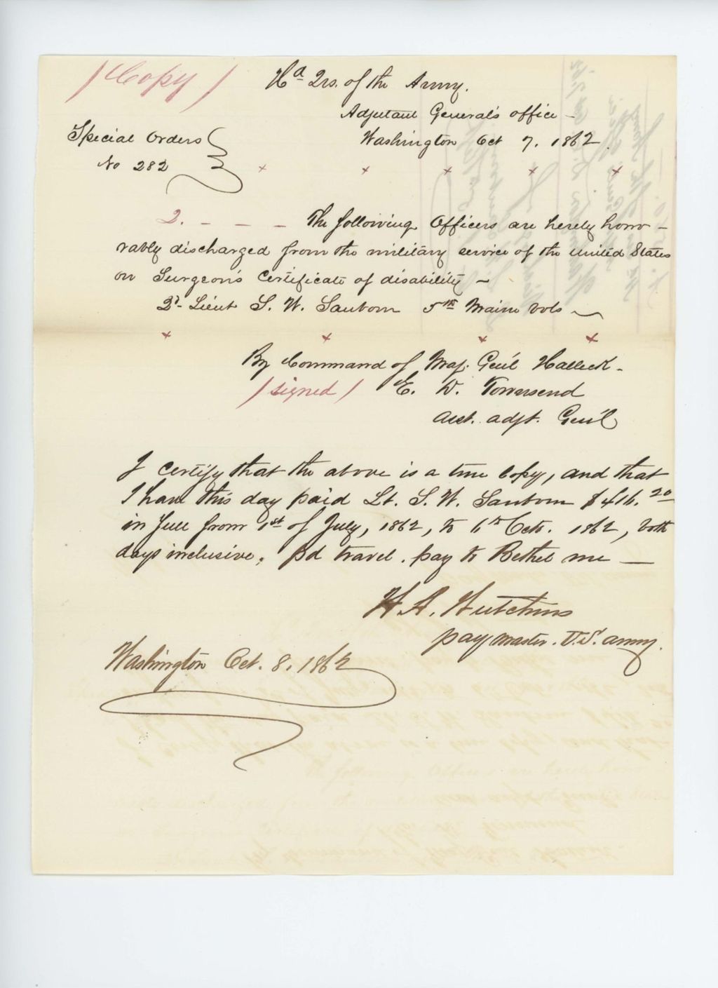 Miniature of Special Order 282 honorably discharging Lieutenant S. W. Sanborn for disability