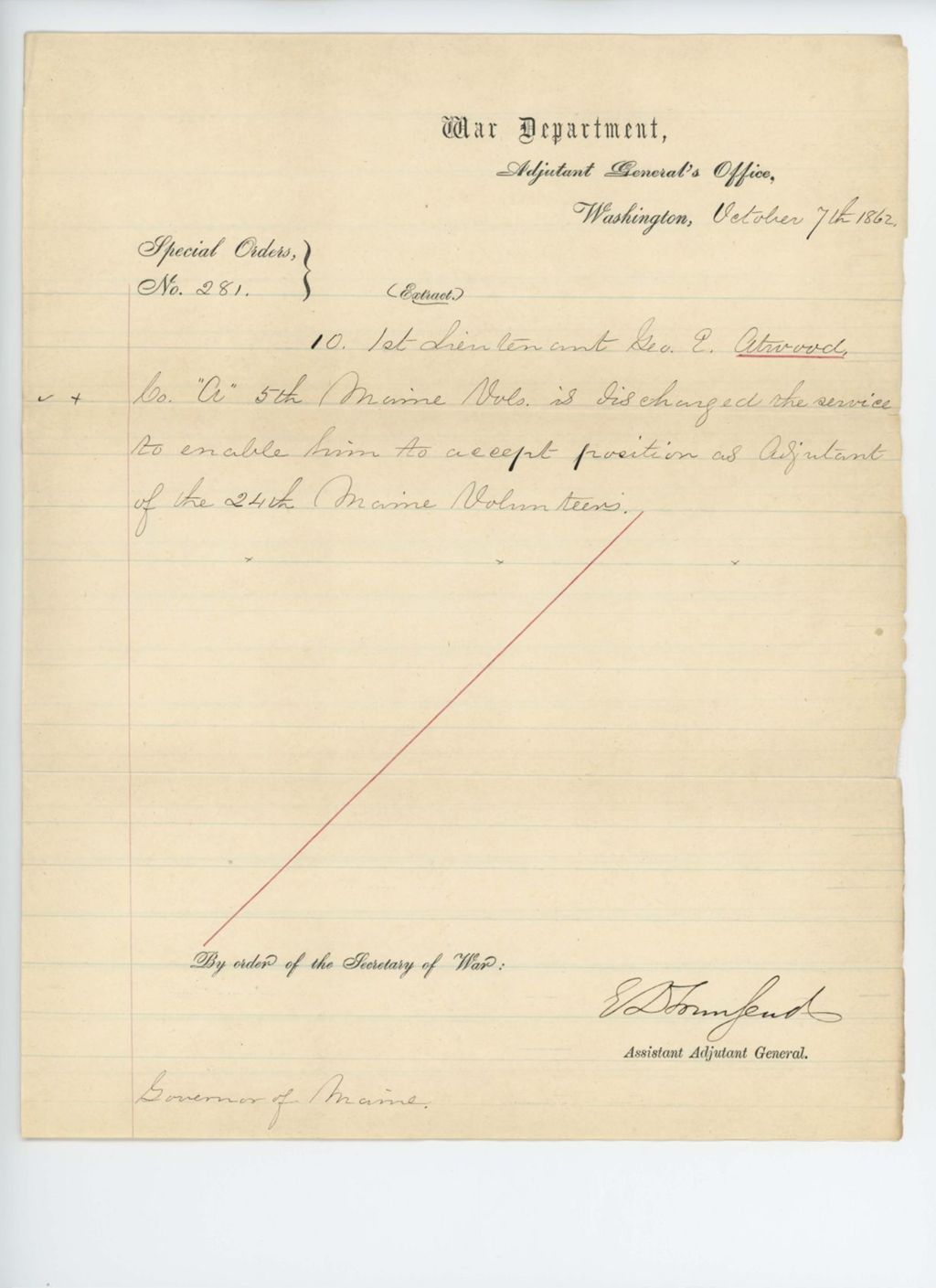Miniature of Special Order 281 discharging Lieutenant George Atwood to allow him to accept position as Adjutant of the 24th Maine Regiment