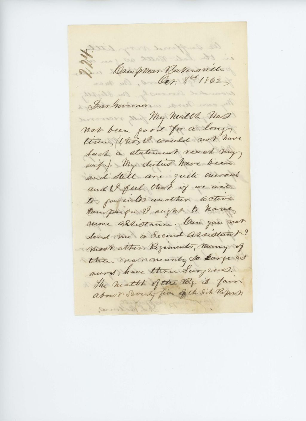 Miniature of Dr. F.S. Holmes requests another assistant as his health is poor