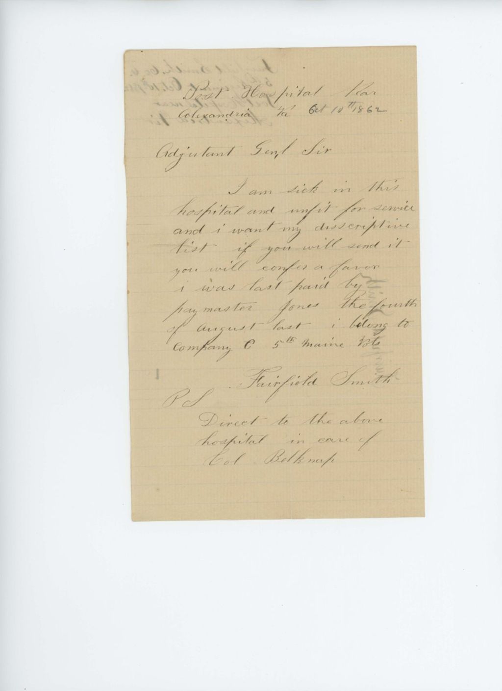 Miniature of Fairfield Smith of Company C requests his descriptive list and payment