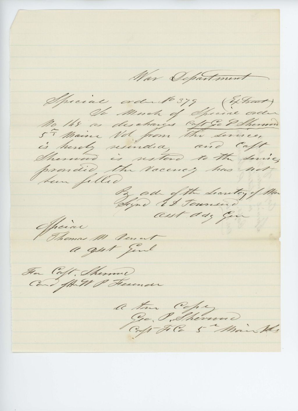 Miniature of Special Order 379 restoring Captain George Sherwood to service