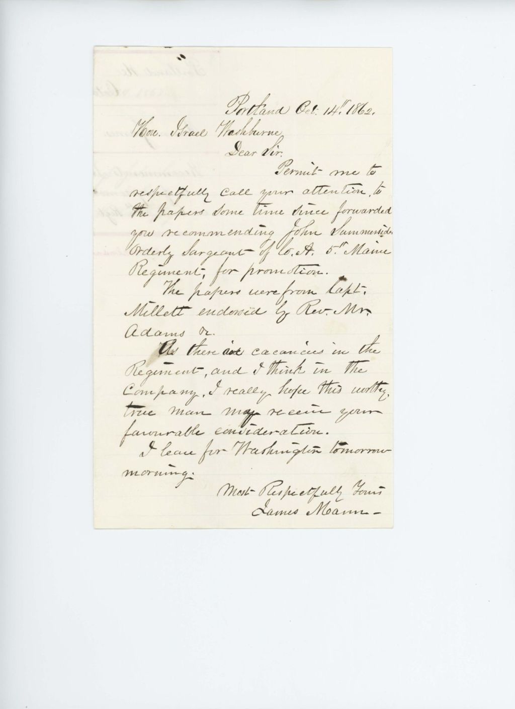 Miniature of James Mann recommends Sergeant John Summerside for promotion