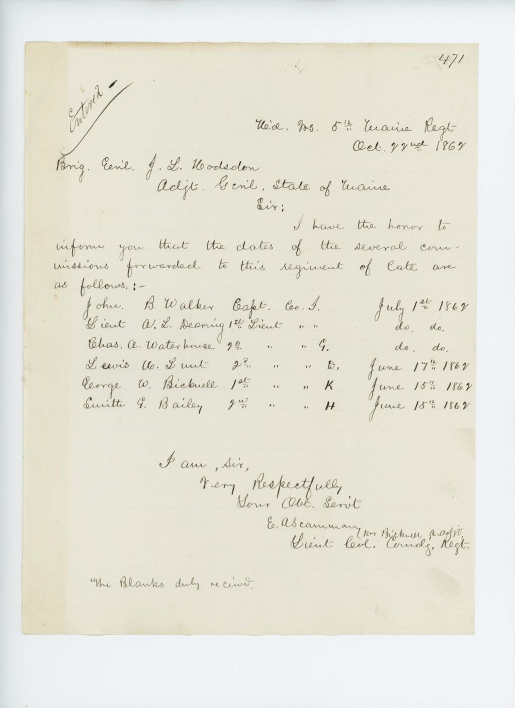 Miniature of Lieutenant Colonel Scamman informs General Hodsdon of dates of commissions