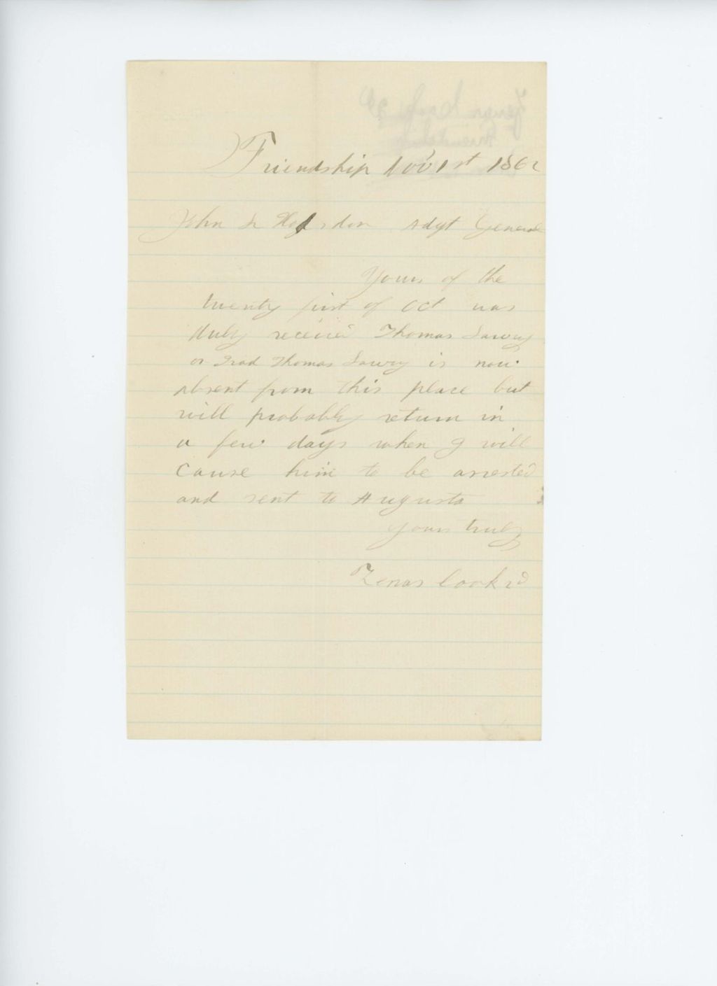 Miniature of Zenas Cook updates General Hodsdon on the search for deserter Thomas Lawry
