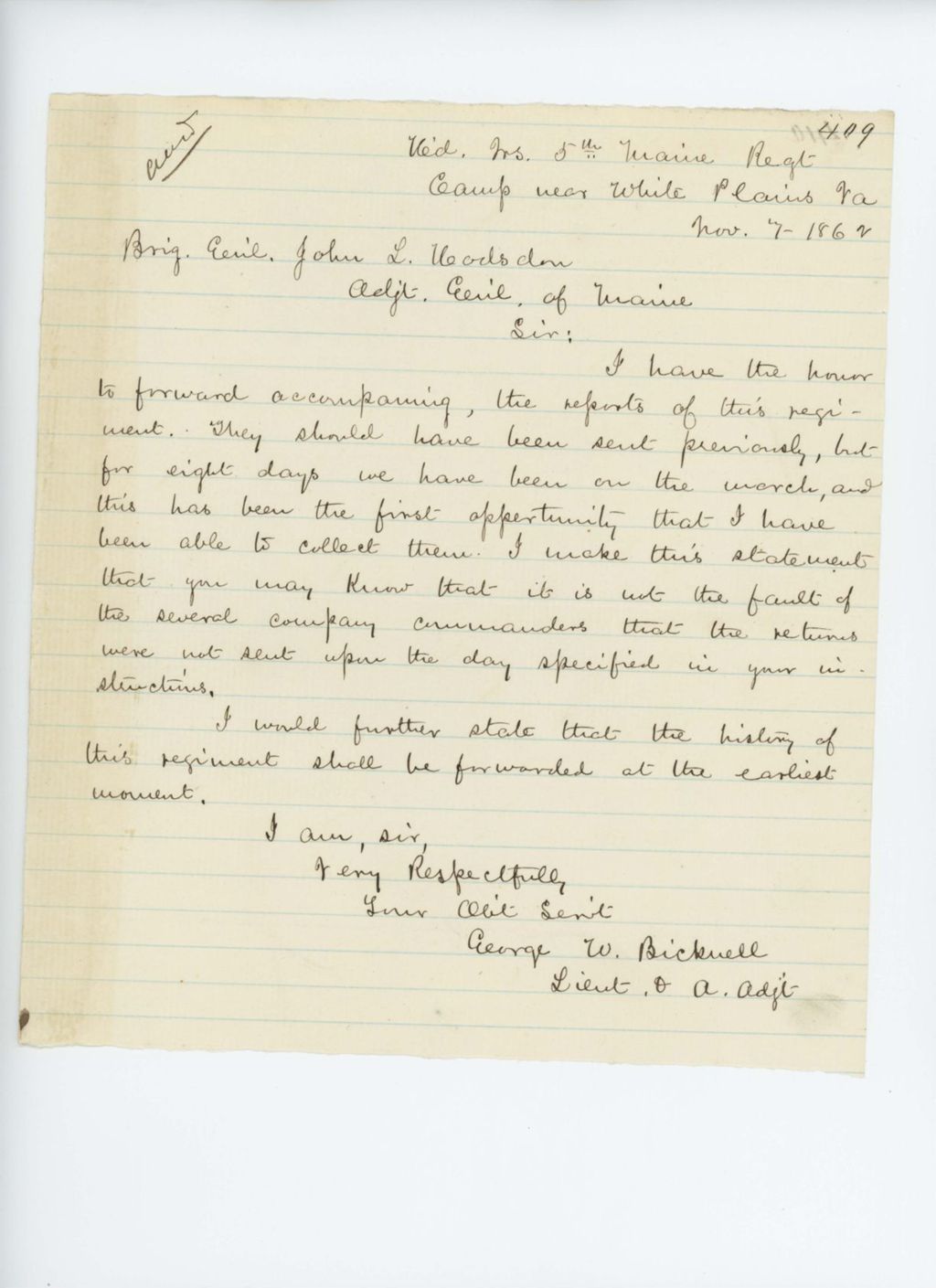 Miniature of Lieutenant George W. Bicknell forwards the regimental reports