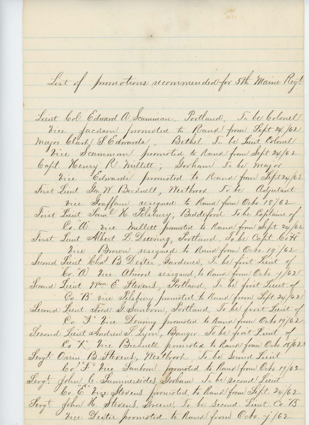Miniature of Brigadier General Bartlett forwards list of recommended promotions