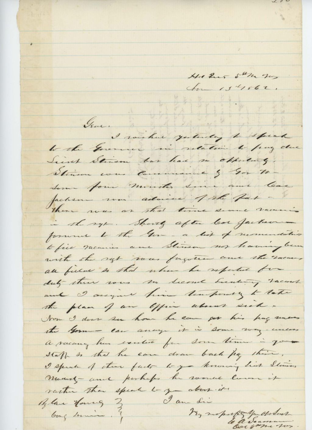 Miniature of E.A. Scammon requests information on pay due to Lieutenant Stinson