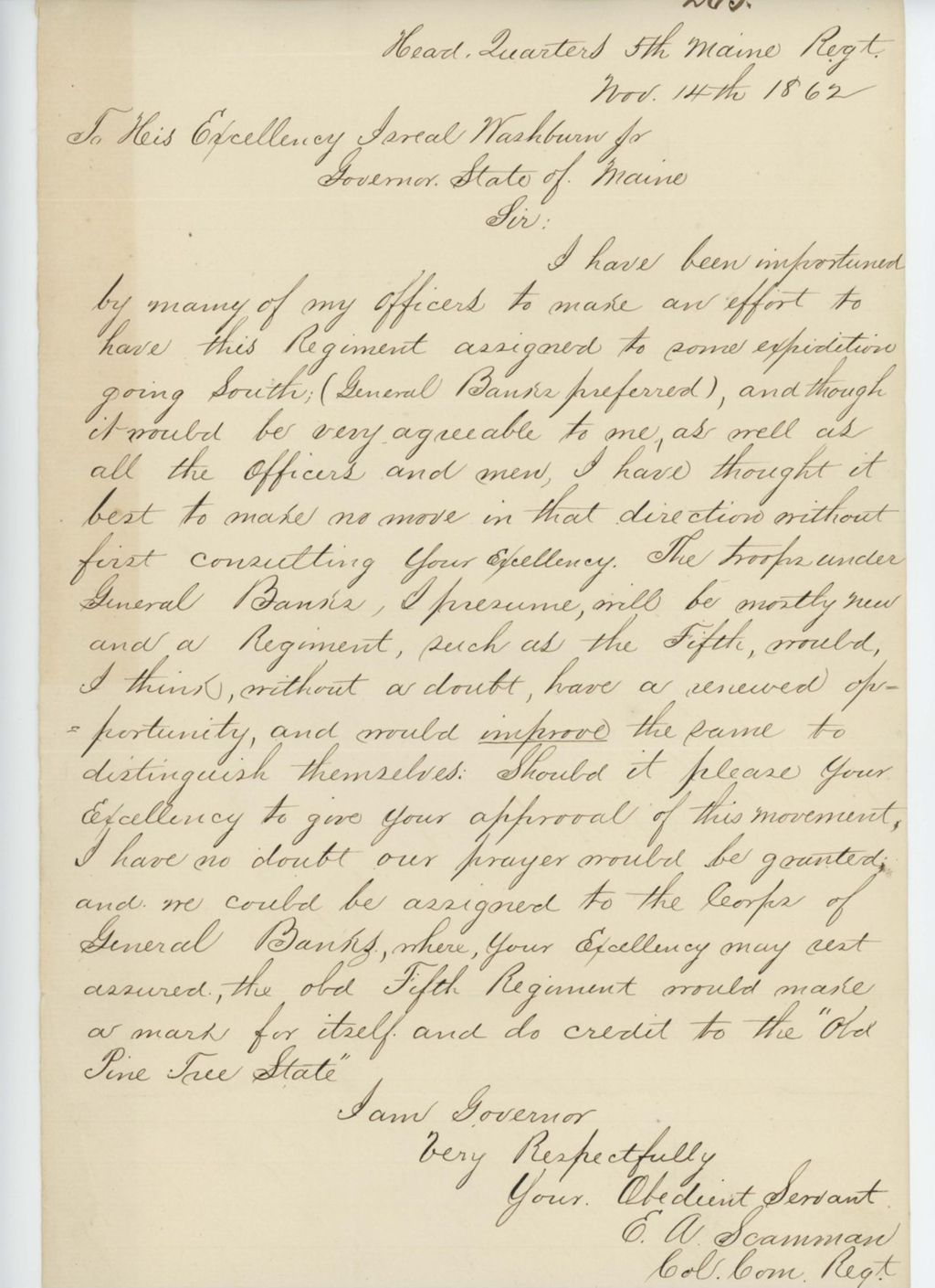 Miniature of Colonel Scamman requests that the regiment be assigned to General Banks' corps