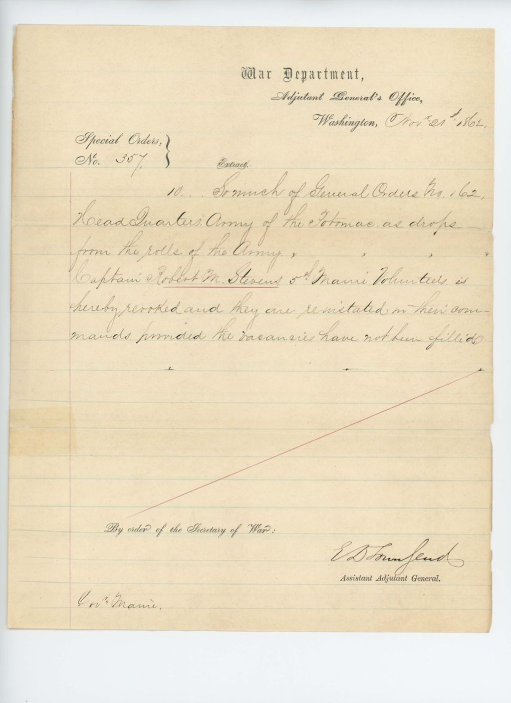 Miniature of Special Order 357 reinstating Captain Robert M. Stevens to his command