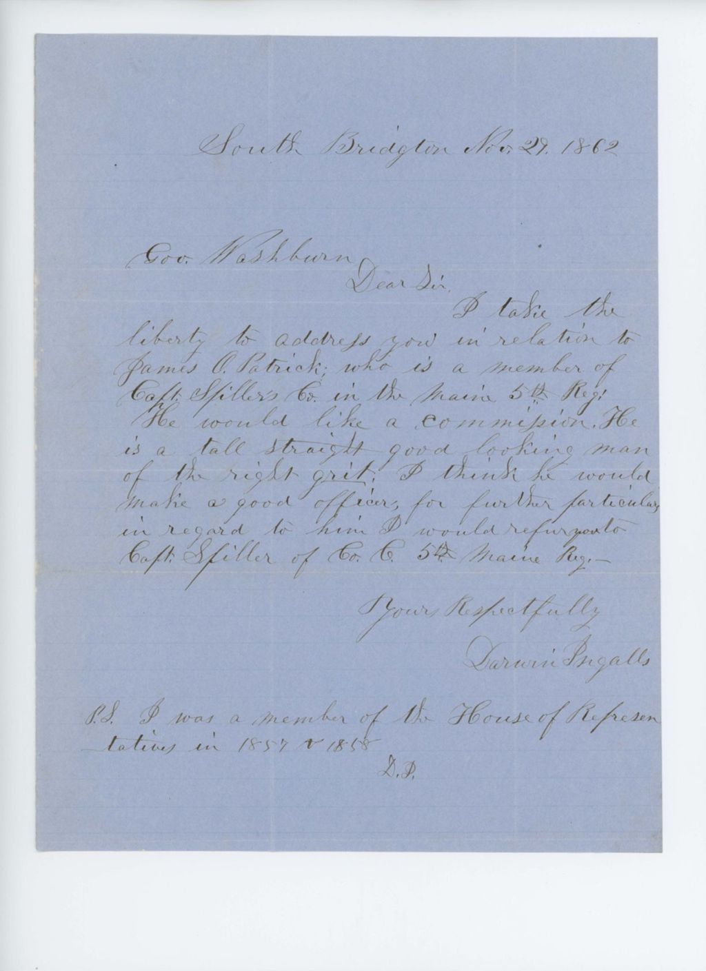 Miniature of Darwin Ingalls recommends James O. Patrick for promotion