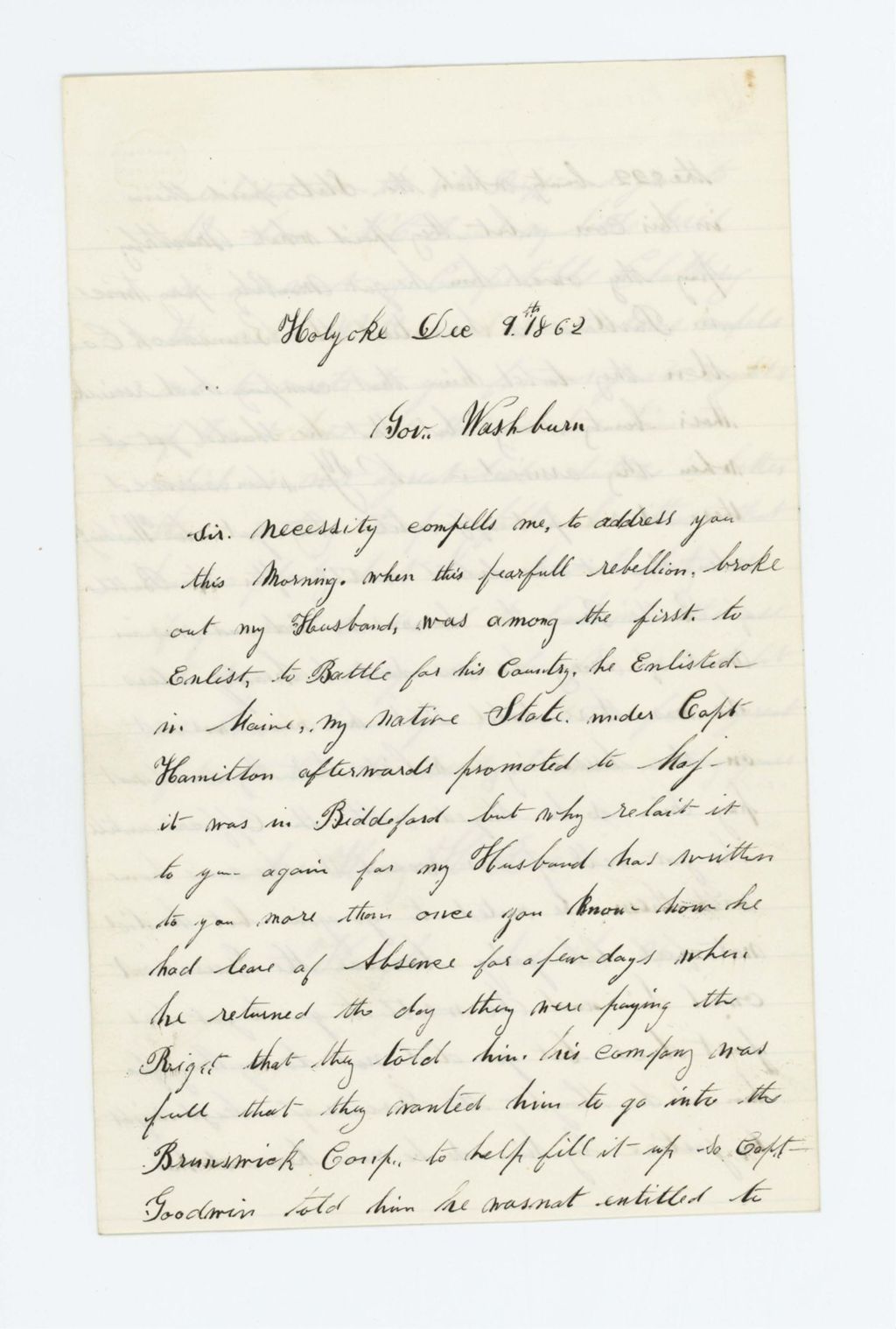 Miniature of Mrs. Henry H. Rice writes Governor Washburn for financial aid