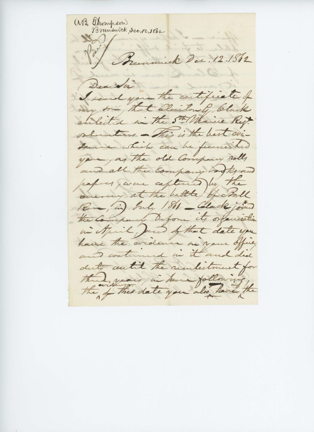 Miniature of A.B. Thompson writes General Hodsdon regarding Clinton G. Clark