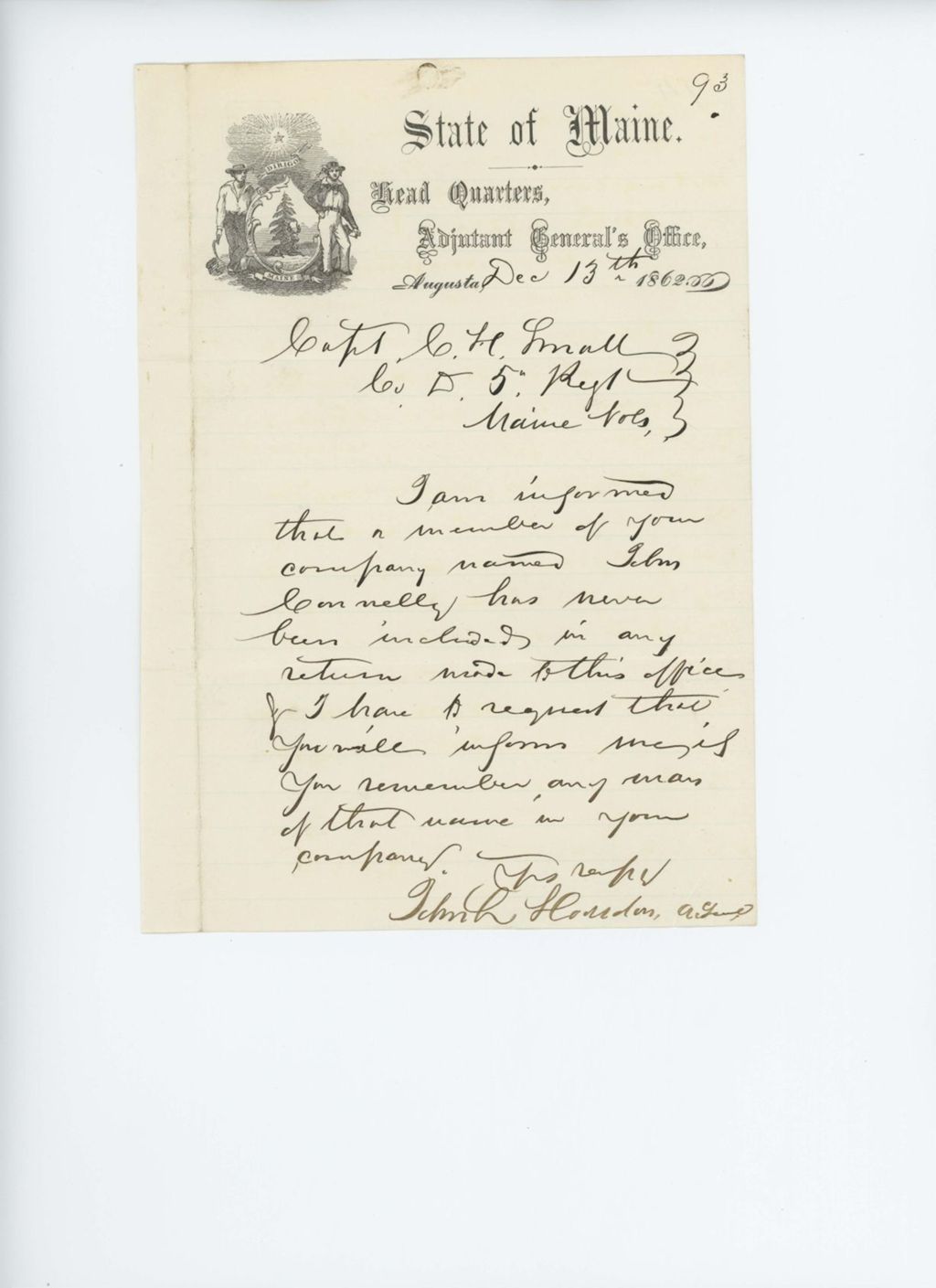 Miniature of Adjutant General Hodsdon writes Captain Small regarding John Connelly