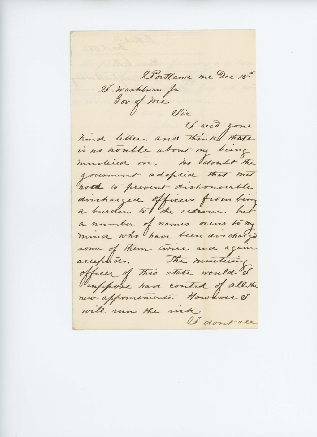 Miniature of C.P. Harris writes Governor Washburn about being re-mustered in