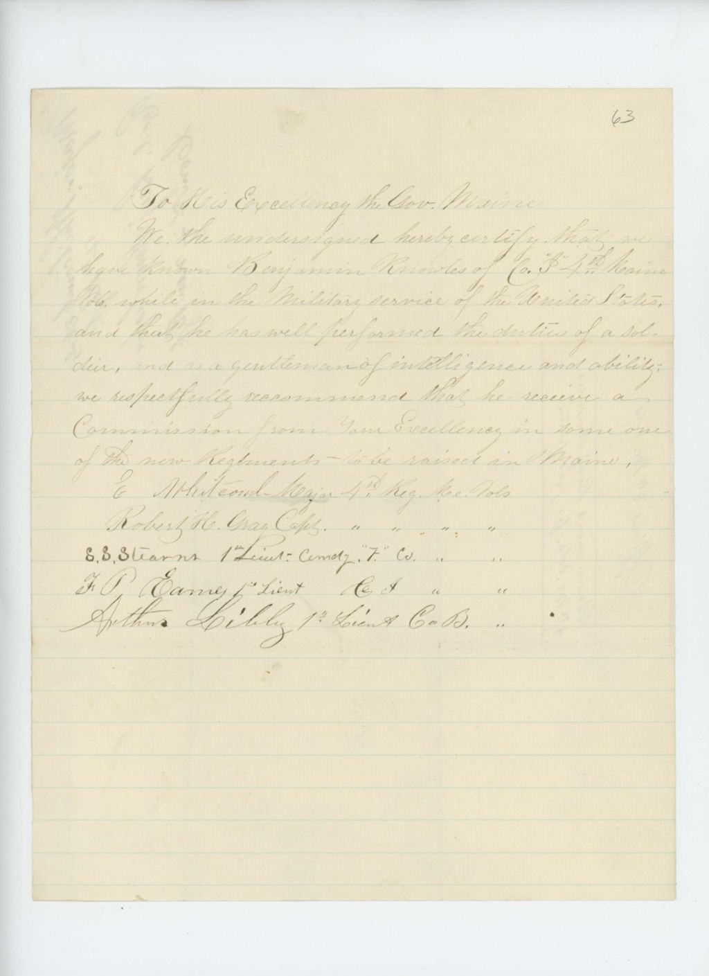 Miniature of Undated - Captain Robert H. Gray and others recommend Benjamin Knowles for promotion