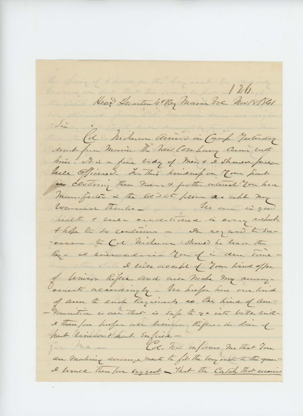 Miniature of Colonel Berry reports the arrival of Lieutenant Colonel Nickerson and the new recruits from Maine