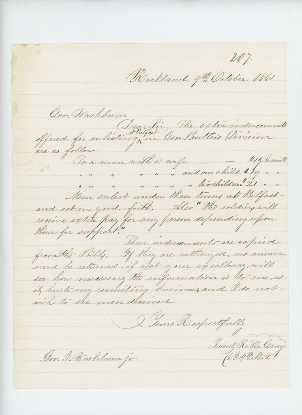 Miniature of Lieutenant R.H. Gray requests clarification on extra pay for recruits