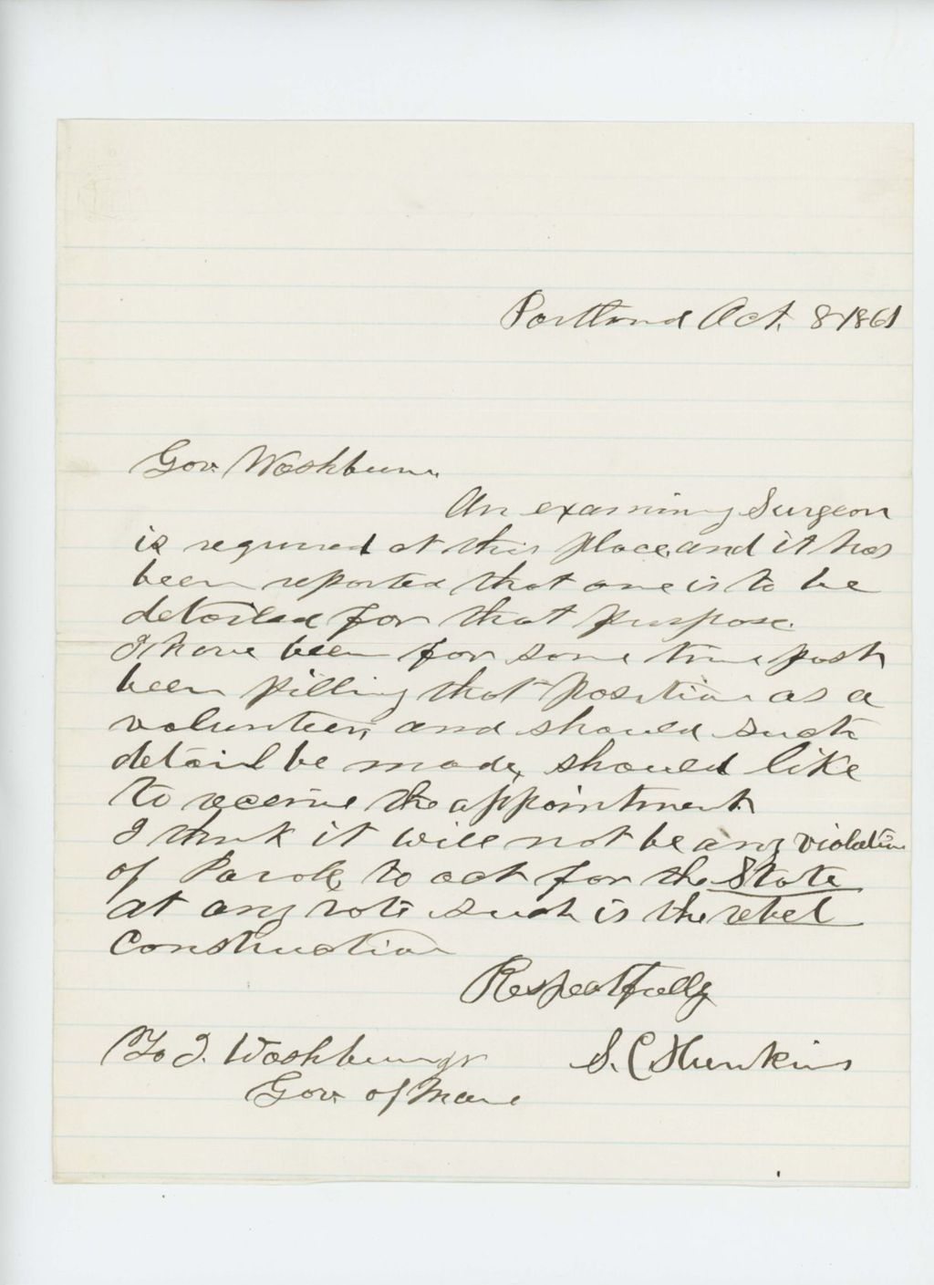Miniature of S.C. Hunkins requests position as examining surgeon