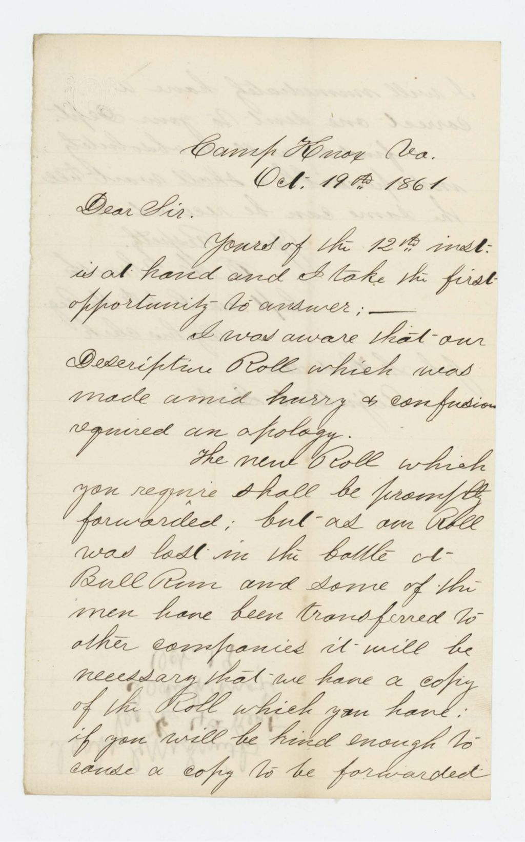 Miniature of Captain Edwin M. Smith of Company G apologizes for the loss of the descriptive roll at the Battle of Manassas