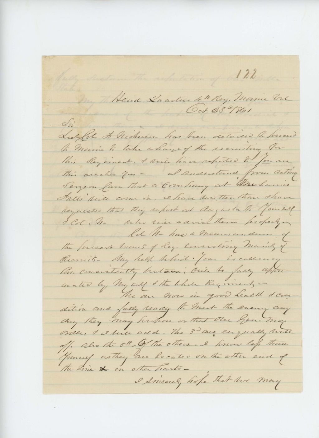 Miniature of Colonel Berry reports that Lieutenant Colonel Nickerson is going to Maine to recruit for the 4th Regiment