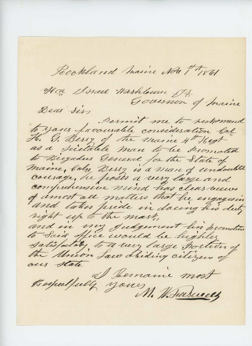 Miniature of N.A. Farwell recommends Colonel Berry for promotion to Brigadier General