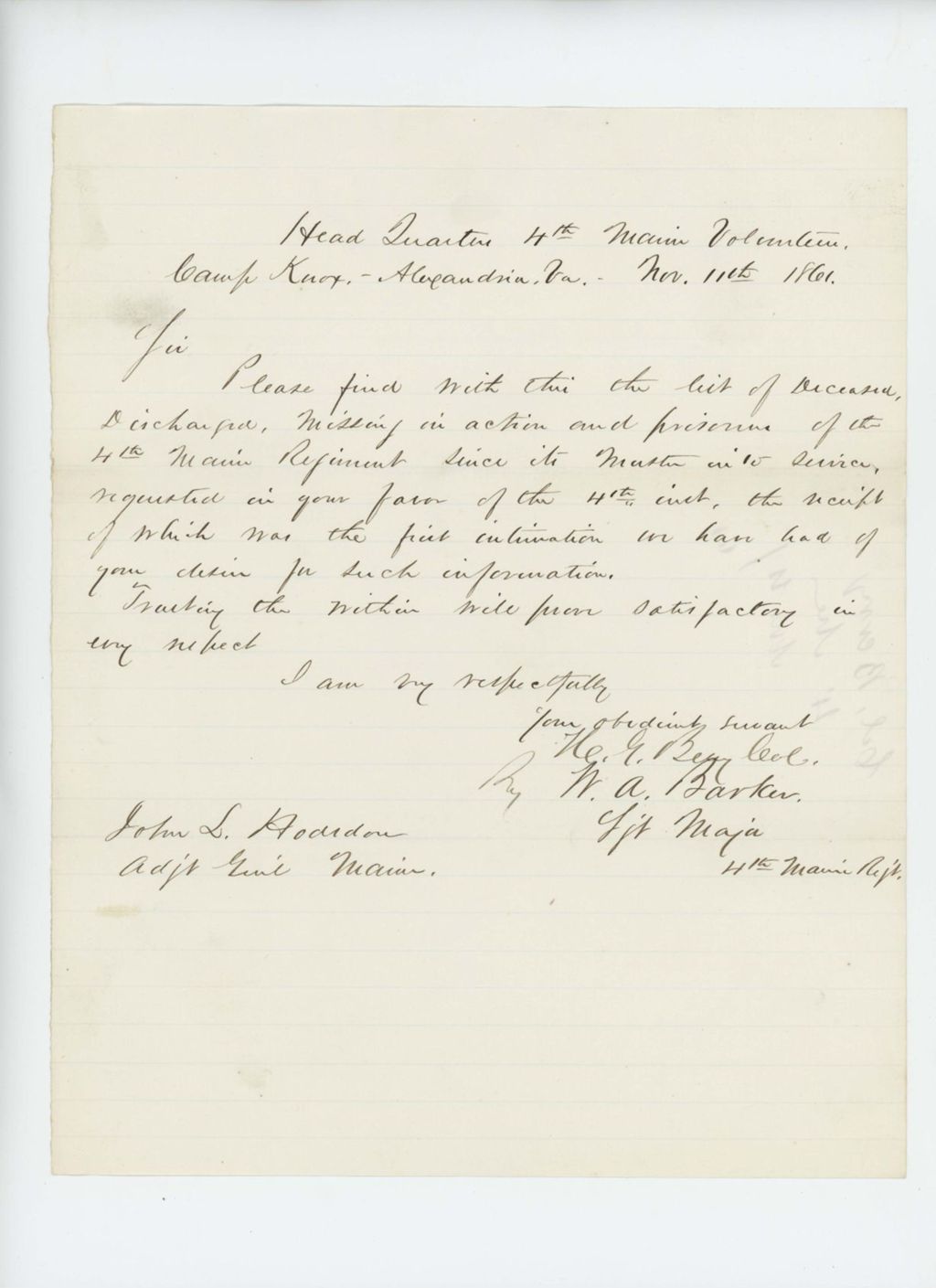 Miniature of Colonel Berry and Major Barker forward a list of casualties of the regiment