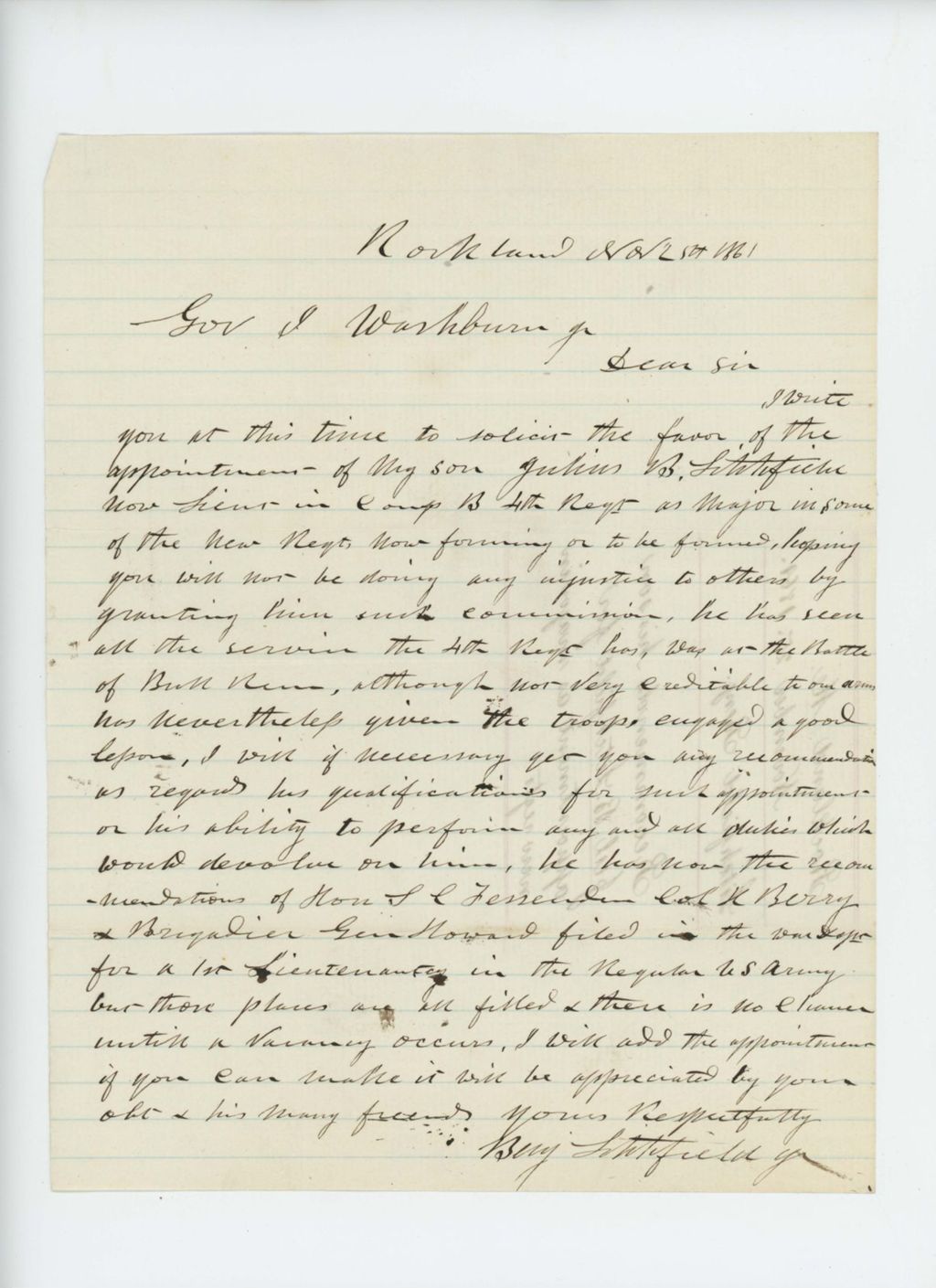 Miniature of Benjamin Litchfield requests a commission for his son Julius as a Major in a new regiment