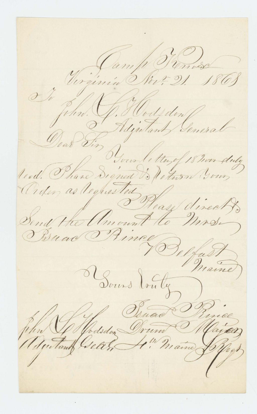 Miniature of Isaac Prince, drum major, acknowledges receipt of Adjutant General's letter