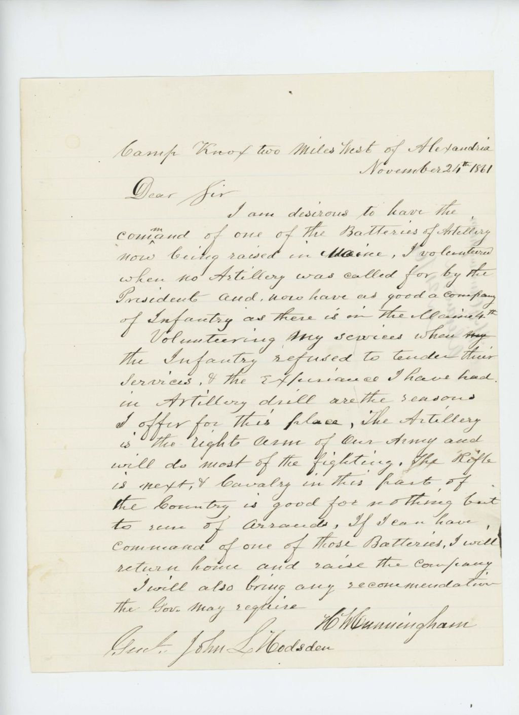 Miniature of H.W. Cunningham requests a position in an artillery battery