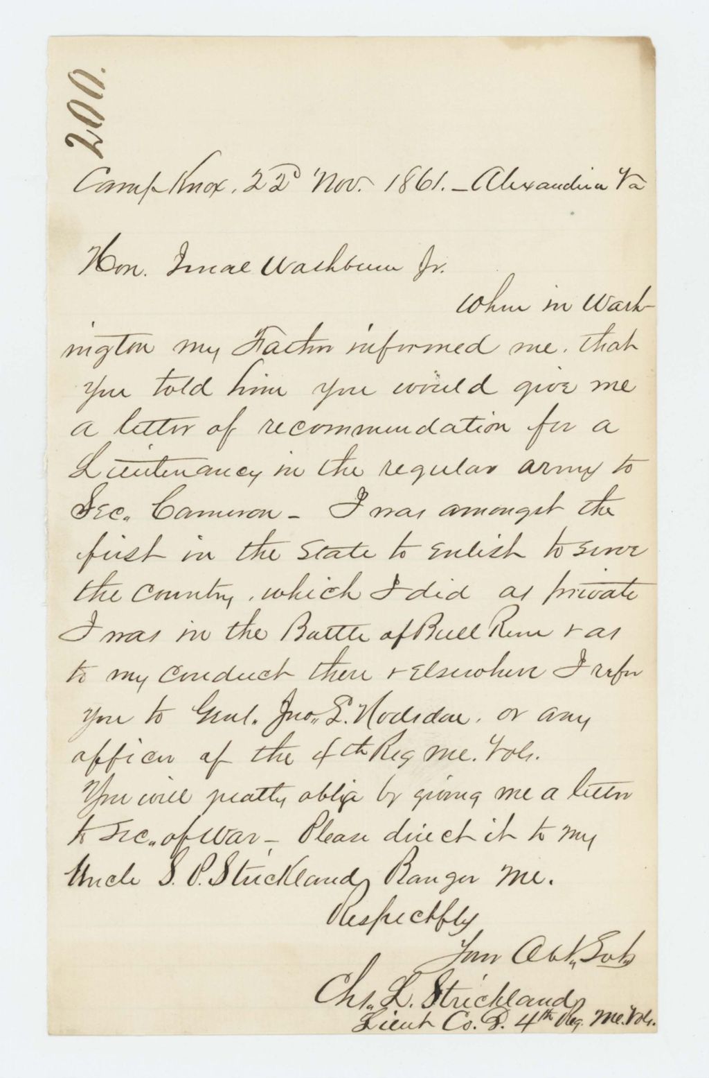 Miniature of Lieutenant Charles L. Strickland requests a letter of recommendation from Governor Washburn