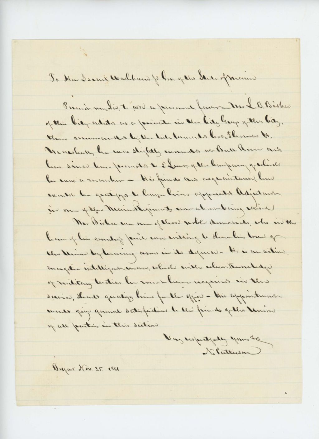 Miniature of N. Patterson recommends Mr. Bisbee for commission