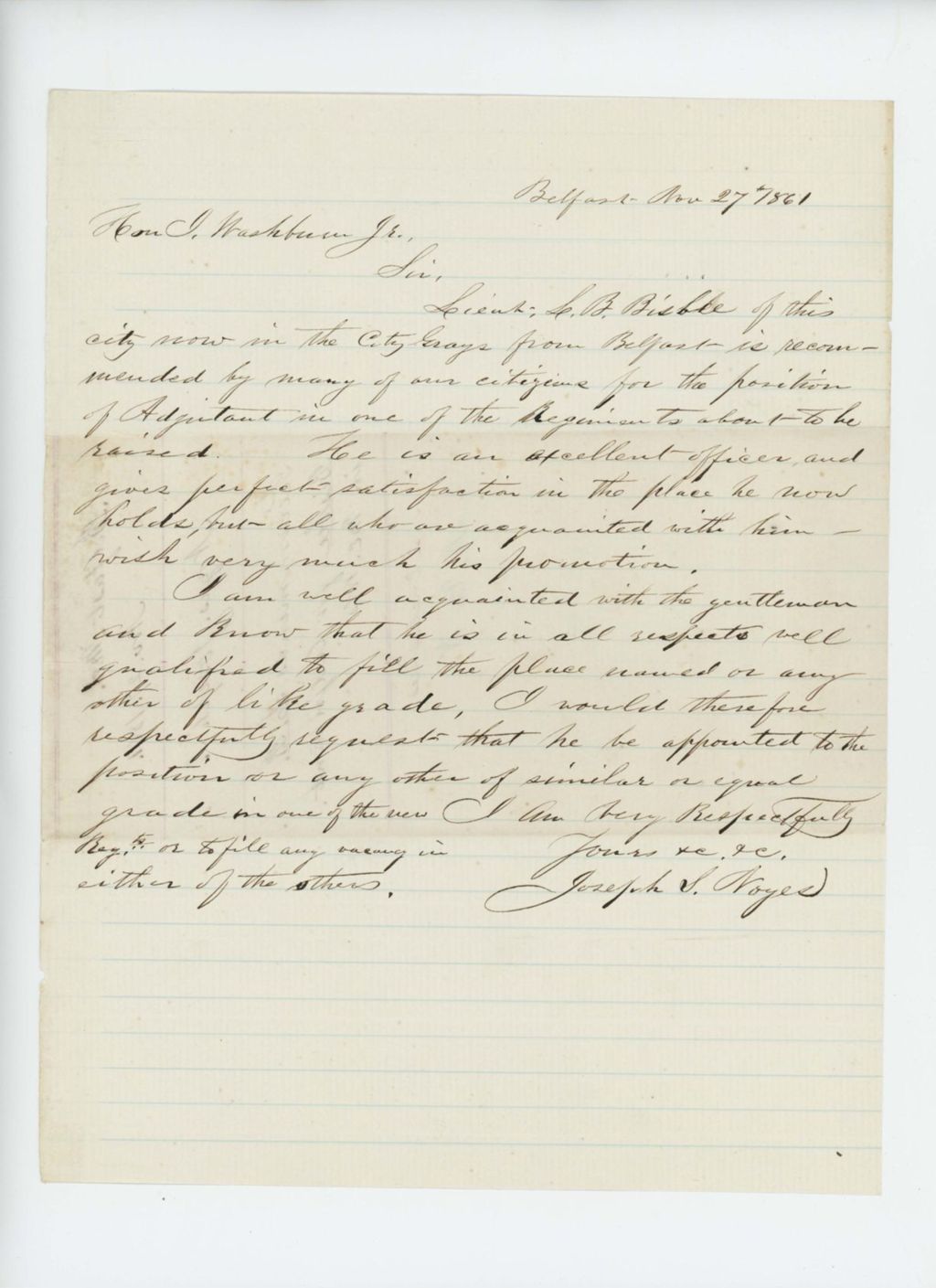 Miniature of Joseph Noyes recommends L.B. Bisbee for position as Adjutant