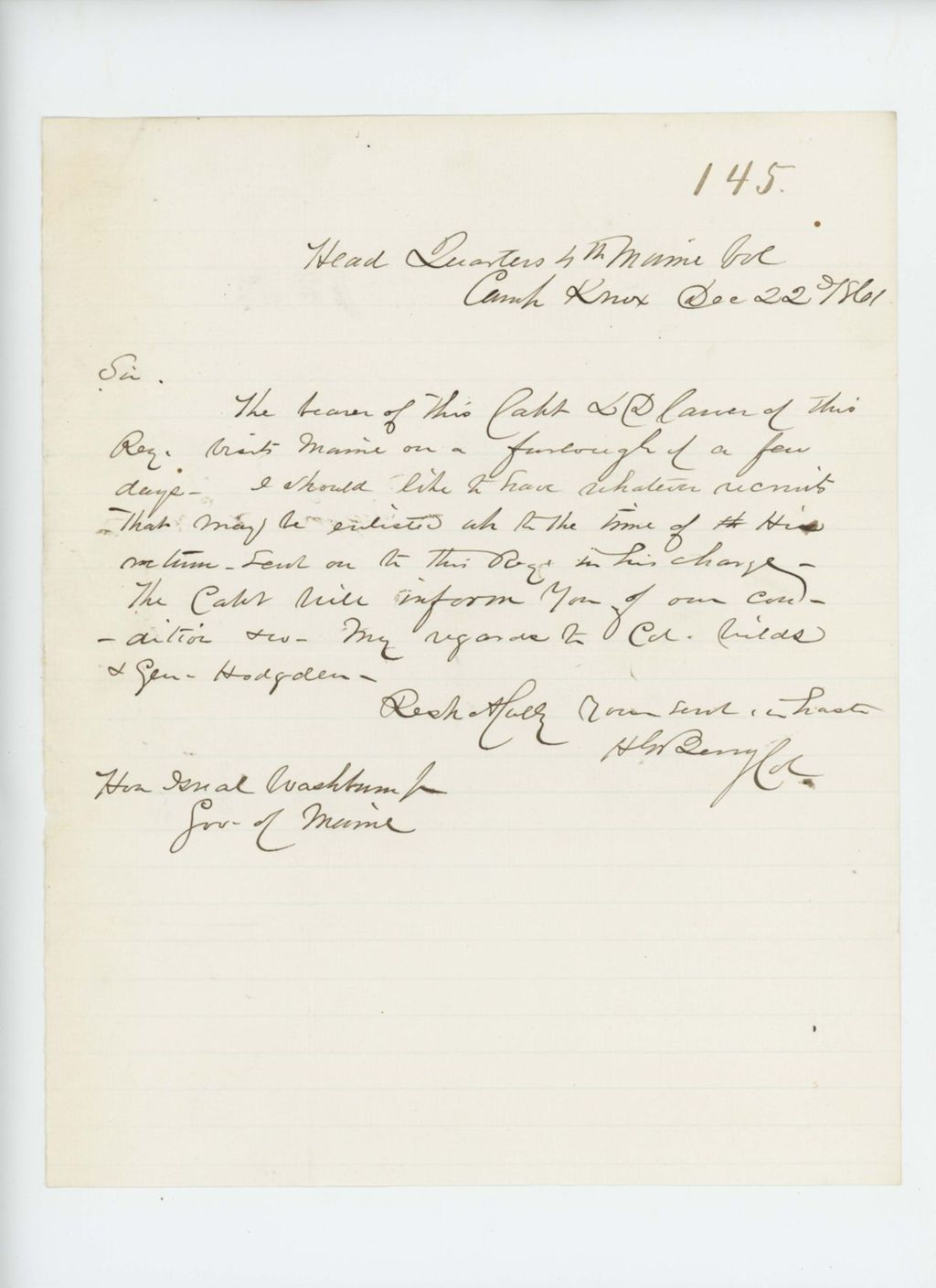 Miniature of Colonel Berry requests recruits and informs Gov. Washburn that Captain Carver is on furlough