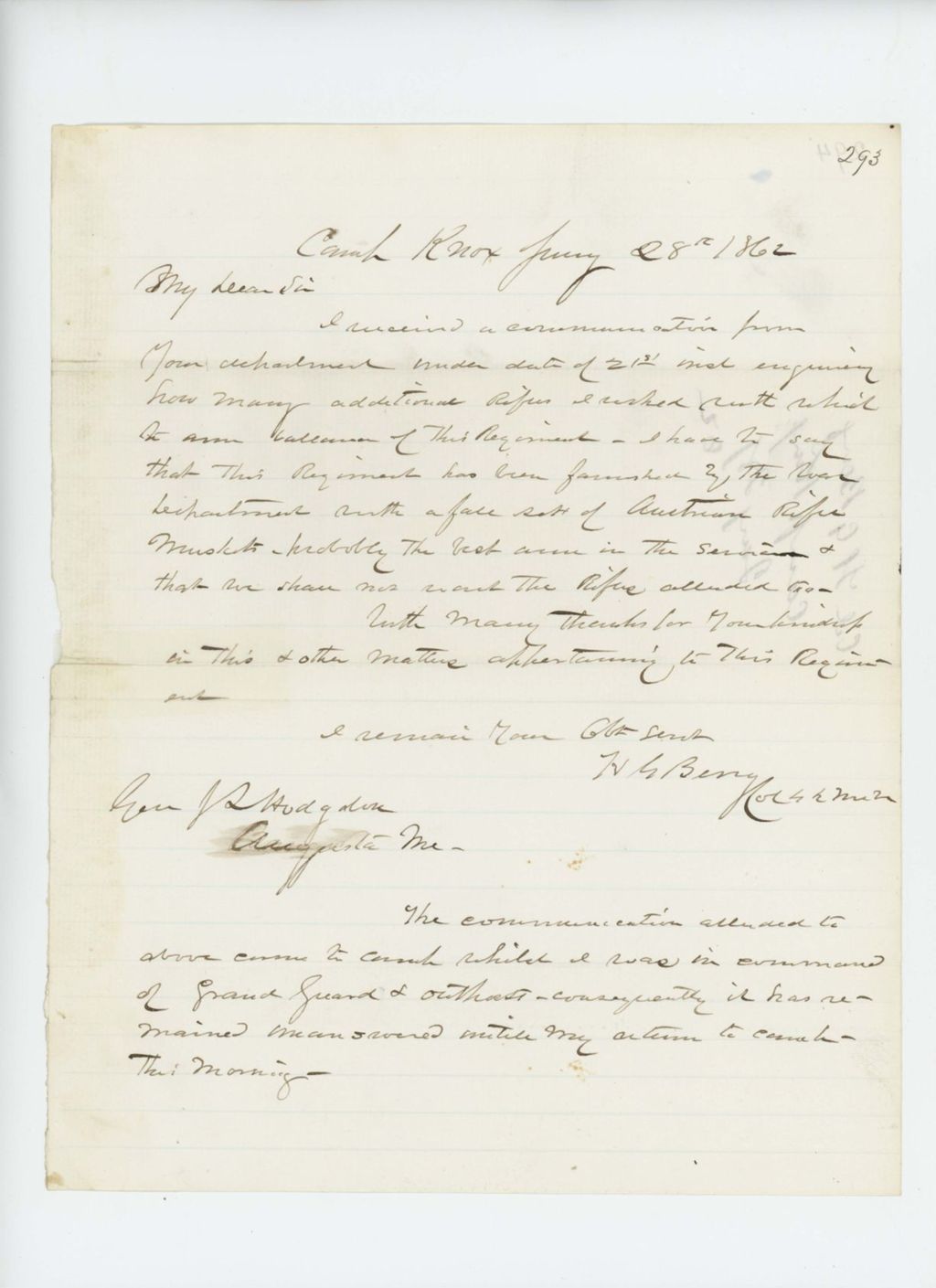 Miniature of Colonel Berry writes General Hodsdon regarding rifles for the regiment